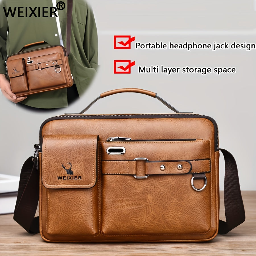 WEIXIER Men's Business Crossbody Bag with Adjustable Strap, Golden-Tone Hardware & Multi-Compartment Design - Brown/Tan -like Texture, Golden-Tone Hardware, Compatible with iPhone/ Smartphones - Casual & Formal Office, Travel
