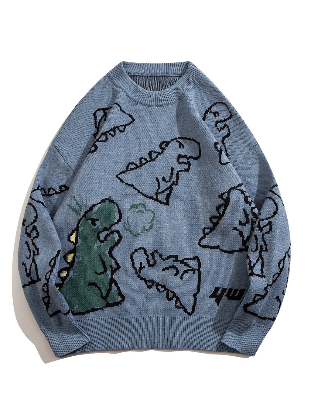 YWFG Unisex Casual Loose Fit Sweater - Black with Blue Dinosaur & Cloud Design, Long Sleeve Round Neck Pullover for Men & Women, Cozy Fall/Winter Knitwear, Dinosaur Clothes, Fall Winter Apparel, Playful Graphic Design, Comfor