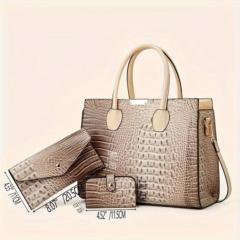 3pcs Stylish Tote Bag Set - Premium PU Leather Textured Shoulder Bags with Card Holder, Casual Versatile Commuter Bags for Women, Spacious and Durable, Perfect for Daily Use, Travel, and Work