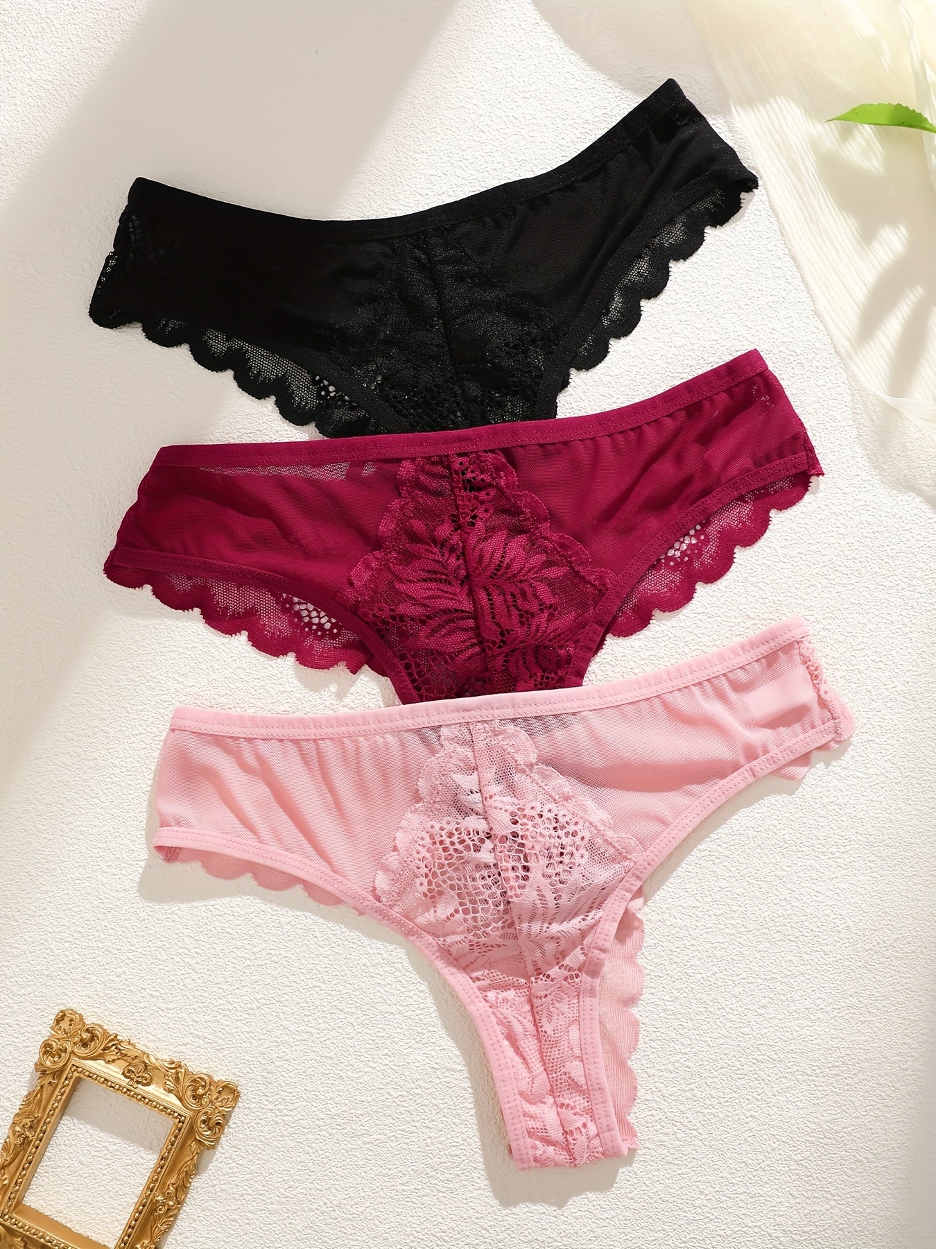 [Soft Lace, Elegant Thongs] 3pcs Women's Soft Lace Elegant Thongs Set, Intimate Wear, Thong Collection, Feminine Lingerie, Comfortable Fit, Vstring Panties, Lowrise Underwear, Sensual Undergarments, Lingerie Lovers