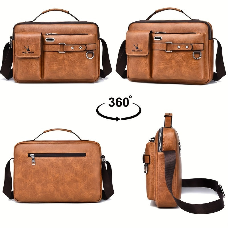 WEIXIER Men's Business Crossbody Bag with Adjustable Strap, Golden-Tone Hardware & Multi-Compartment Design - Brown/Tan -like Texture, Golden-Tone Hardware, Compatible with iPhone/ Smartphones - Casual & Formal Office, Travel