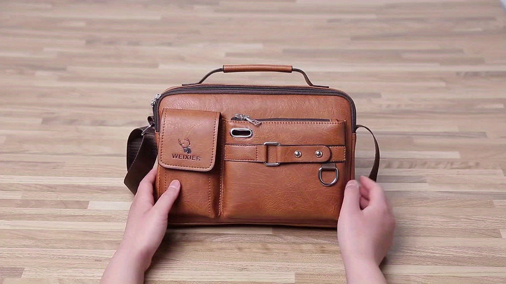 WEIXIER Men's Business Crossbody Bag with Adjustable Strap, Golden-Tone Hardware & Multi-Compartment Design - Brown/Tan -like Texture, Golden-Tone Hardware, Compatible with iPhone/ Smartphones - Casual & Formal Office, Travel