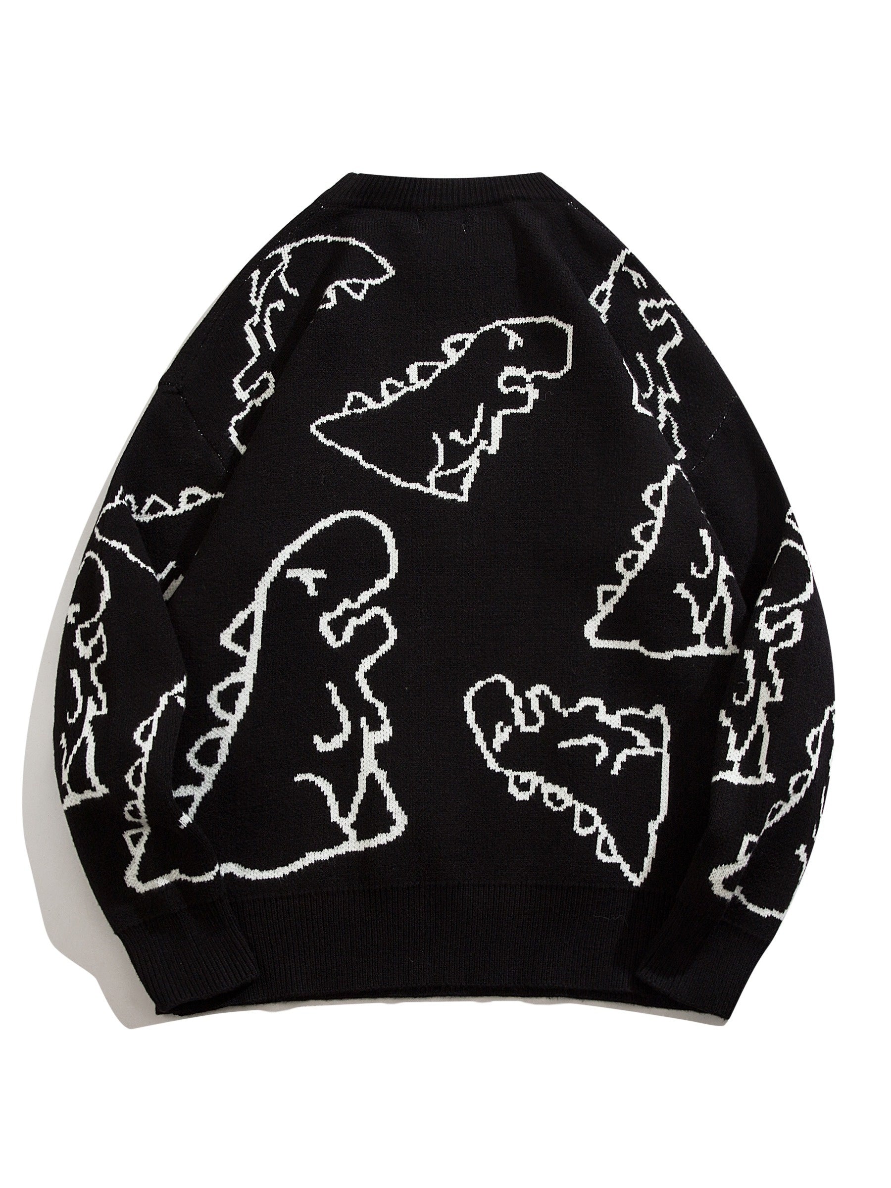 YWFG Unisex Casual Loose Fit Sweater - Black with Blue Dinosaur & Cloud Design, Long Sleeve Round Neck Pullover for Men & Women, Cozy Fall/Winter Knitwear, Dinosaur Clothes, Fall Winter Apparel, Playful Graphic Design, Comfor