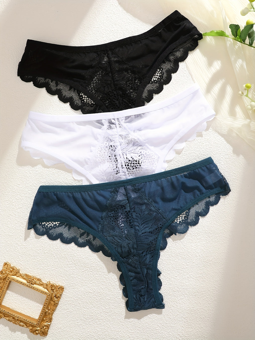 [Soft Lace, Elegant Thongs] 3pcs Women's Soft Lace Elegant Thongs Set, Intimate Wear, Thong Collection, Feminine Lingerie, Comfortable Fit, Vstring Panties, Lowrise Underwear, Sensual Undergarments, Lingerie Lovers