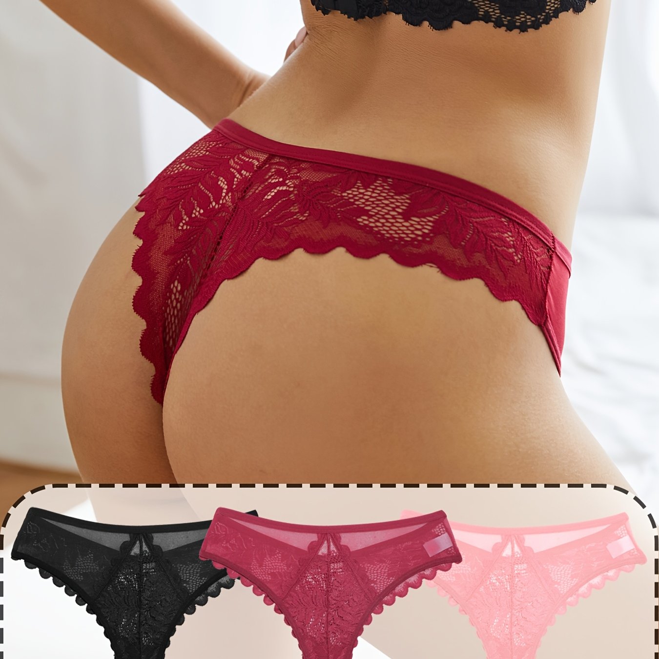 [Soft Lace, Elegant Thongs] 3pcs Women's Soft Lace Elegant Thongs Set, Intimate Wear, Thong Collection, Feminine Lingerie, Comfortable Fit, Vstring Panties, Lowrise Underwear, Sensual Undergarments, Lingerie Lovers