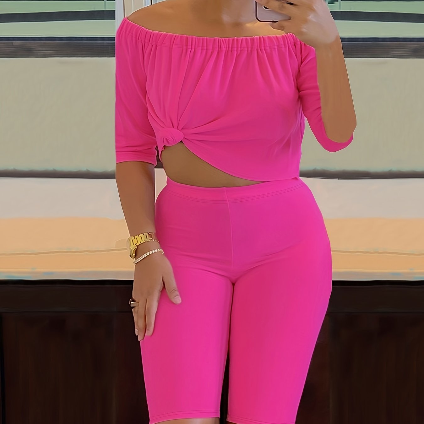 Sexy Solid Fashion Pantsuits Two-piece Set, Off Shoulder Short Sleeve Tops & Slim Shorts Set, Women's Clothing