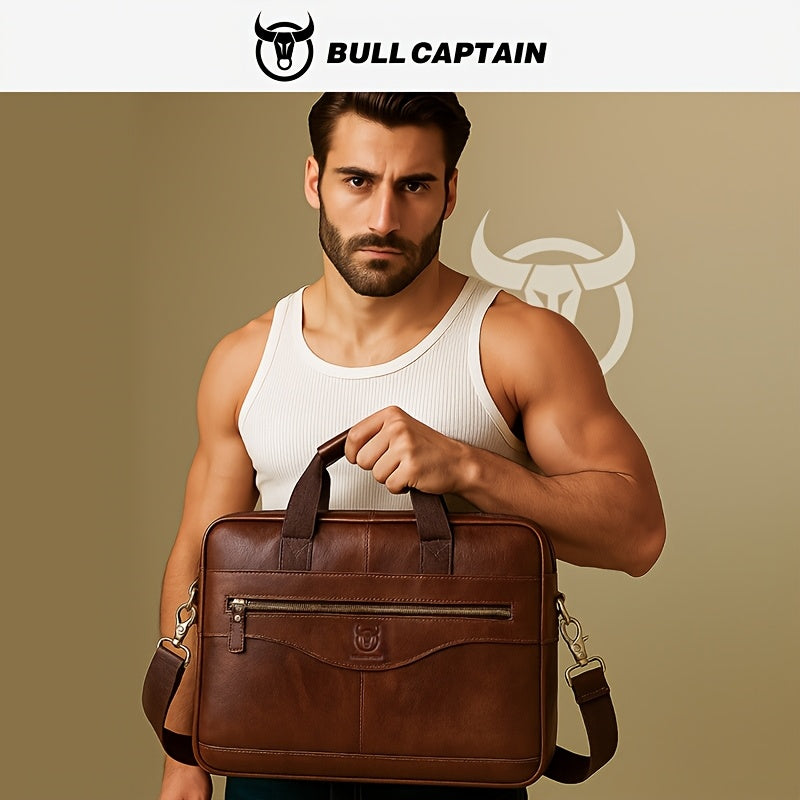 Bull Captain Men's Leather Multi-functional Briefcase Crossbody Bag, Men's Professional Business Bags For Work