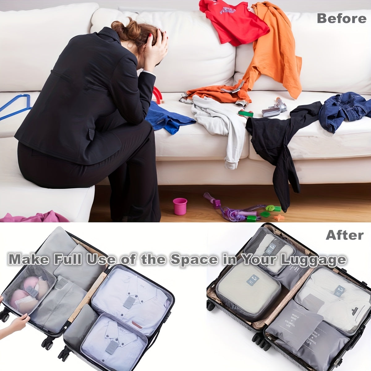 6pcs Travel Organizer Bags - Lightweight Foldable Luggage Packing Organizers with Zipper Closure, Machine Washable for Air Travel & Home Storage, Multiple Colors (Blue, Pink, Purple, Green, Yellow) - Essential for Back-to-Sch