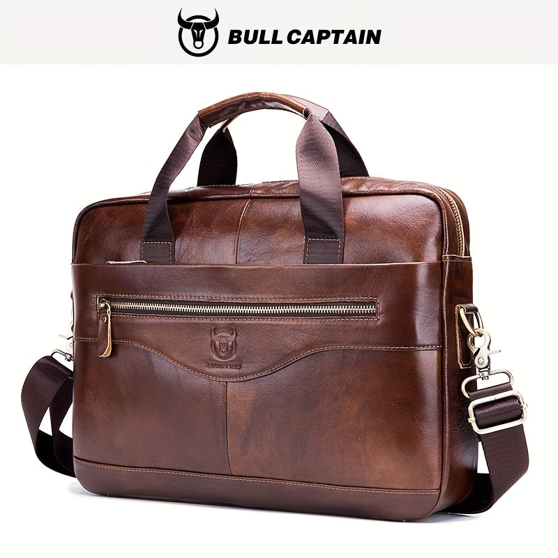Bull Captain Men's Leather Multi-functional Briefcase Crossbody Bag, Men's Professional Business Bags For Work