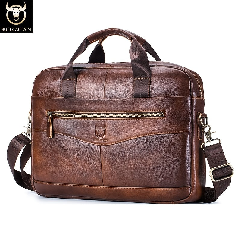 Bull Captain Men's Leather Multi-functional Briefcase Crossbody Bag, Men's Professional Business Bags For Work