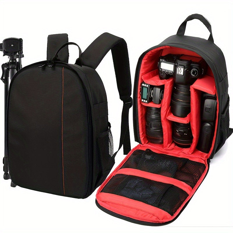 [Organized Compartments] Versatile Waterproof Camera Backpack - Durable Polyester, Lightweight, Large Capacity, Dual-Shoulder Photography Bag for Canon & Nikon, Black with Red Accents, Padded Compartments, Camera Bags for Pho