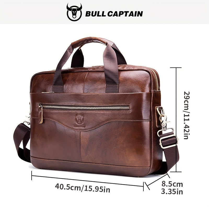 Bull Captain Men's Leather Multi-functional Briefcase Crossbody Bag, Men's Professional Business Bags For Work