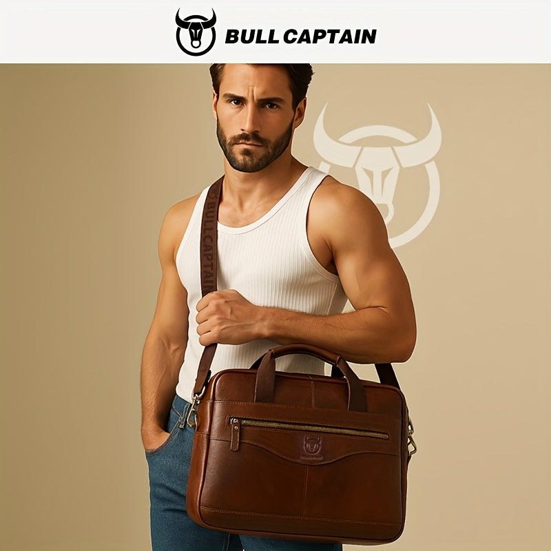 Bull Captain Men's Leather Multi-functional Briefcase Crossbody Bag, Men's Professional Business Bags For Work