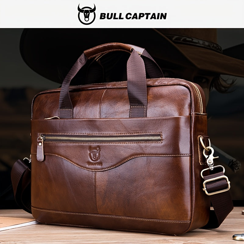 Bull Captain Men's Leather Multi-functional Briefcase Crossbody Bag, Men's Professional Business Bags For Work