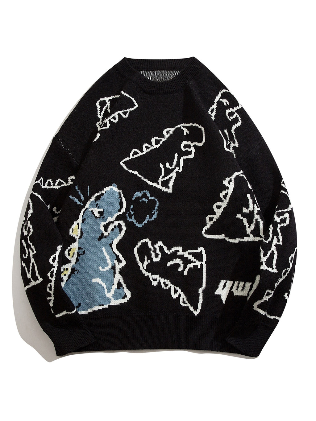 YWFG Unisex Casual Loose Fit Sweater - Black with Blue Dinosaur & Cloud Design, Long Sleeve Round Neck Pullover for Men & Women, Cozy Fall/Winter Knitwear, Dinosaur Clothes, Fall Winter Apparel, Playful Graphic Design, Comfor