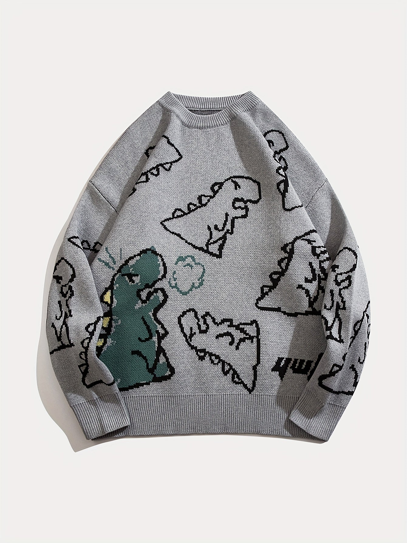 YWFG Unisex Casual Loose Fit Sweater - Black with Blue Dinosaur & Cloud Design, Long Sleeve Round Neck Pullover for Men & Women, Cozy Fall/Winter Knitwear, Dinosaur Clothes, Fall Winter Apparel, Playful Graphic Design, Comfor