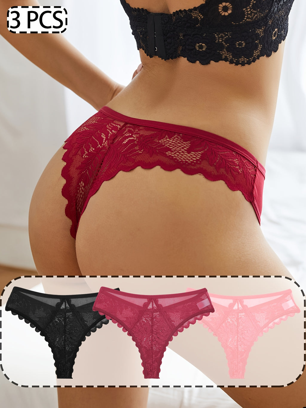 [Soft Lace, Elegant Thongs] 3pcs Women's Soft Lace Elegant Thongs Set, Intimate Wear, Thong Collection, Feminine Lingerie, Comfortable Fit, Vstring Panties, Lowrise Underwear, Sensual Undergarments, Lingerie Lovers