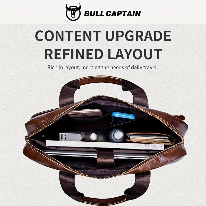 Bull Captain Men's Leather Multi-functional Briefcase Crossbody Bag, Men's Professional Business Bags For Work