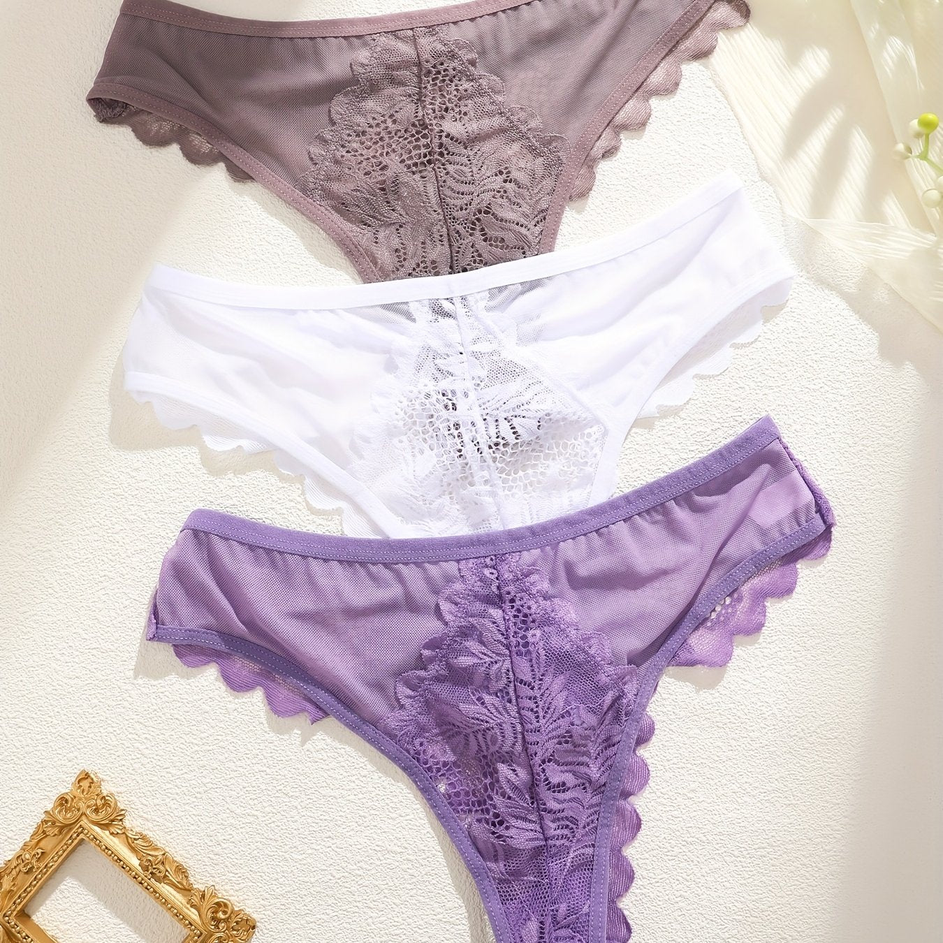[Soft Lace, Elegant Thongs] 3pcs Women's Soft Lace Elegant Thongs Set, Intimate Wear, Thong Collection, Feminine Lingerie, Comfortable Fit, Vstring Panties, Lowrise Underwear, Sensual Undergarments, Lingerie Lovers