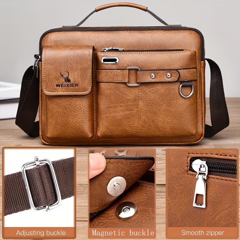 WEIXIER Men's Business Crossbody Bag with Adjustable Strap, Golden-Tone Hardware & Multi-Compartment Design - Brown/Tan -like Texture, Golden-Tone Hardware, Compatible with iPhone/ Smartphones - Casual & Formal Office, Travel