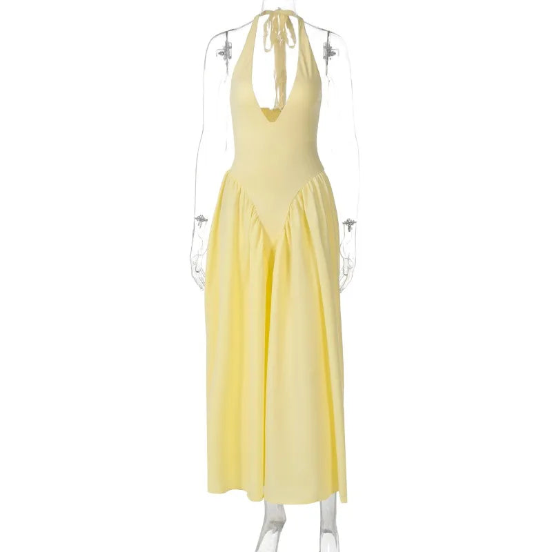 Talenza Backless Deep V Spliced Long Dress Summer Women's Sexy Party Dress Halter New Fashion Slim White Sleeveless Long Dress