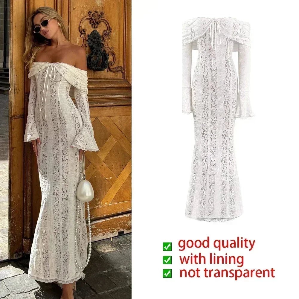 Suninheart White Off The Shoulder Autumn Bodycon Dress 2025 Long Sleeve Elegant Lace Maxi Dress Wedding Guest Dress for Women