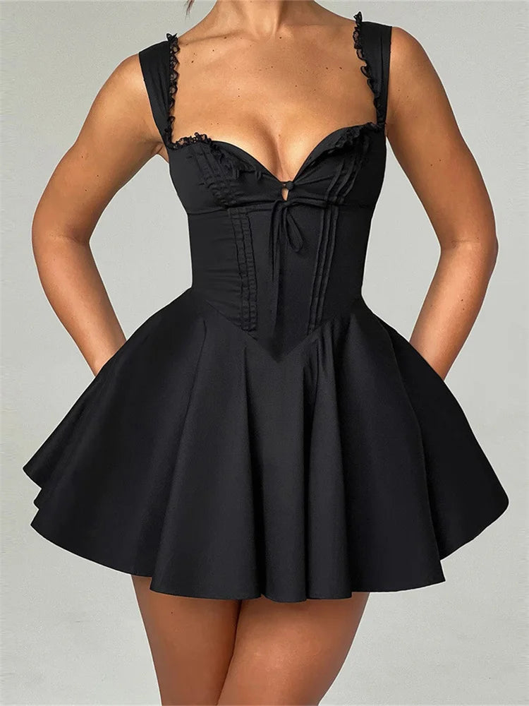 CHRONSTYLE Elegant Women Short Mini A-Line Dress Deep V Neck Backless Ruffles Hem Sleeveless Dress for Party Club Vestidos 2024