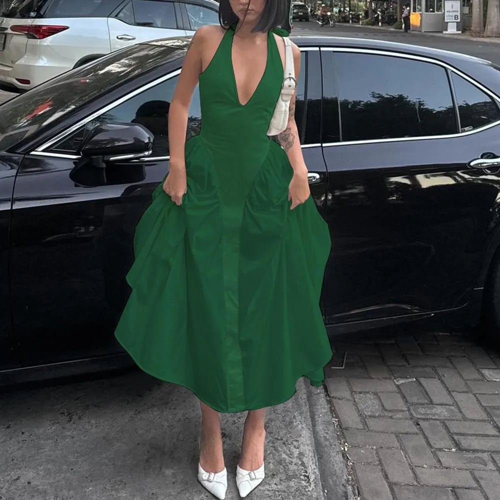 Talenza Backless Deep V Spliced Long Dress Summer Women's Sexy Party Dress Halter New Fashion Slim White Sleeveless Long Dress