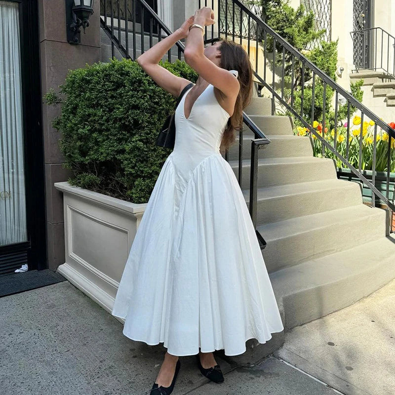 Talenza Backless Deep V Spliced Long Dress Summer Women's Sexy Party Dress Halter New Fashion Slim White Sleeveless Long Dress