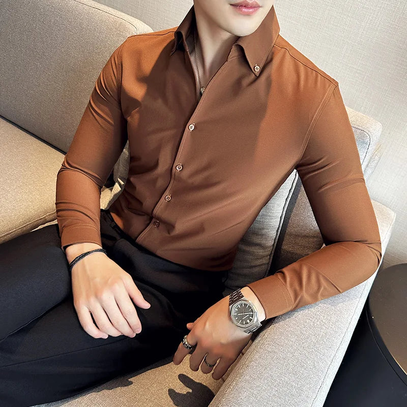 Men Dress Shirt 2025 Autumn British Style Solid Casual Slim Fit Formal Camisas V-neck Long Sleeves Shirt Streetwear Men Clothing
