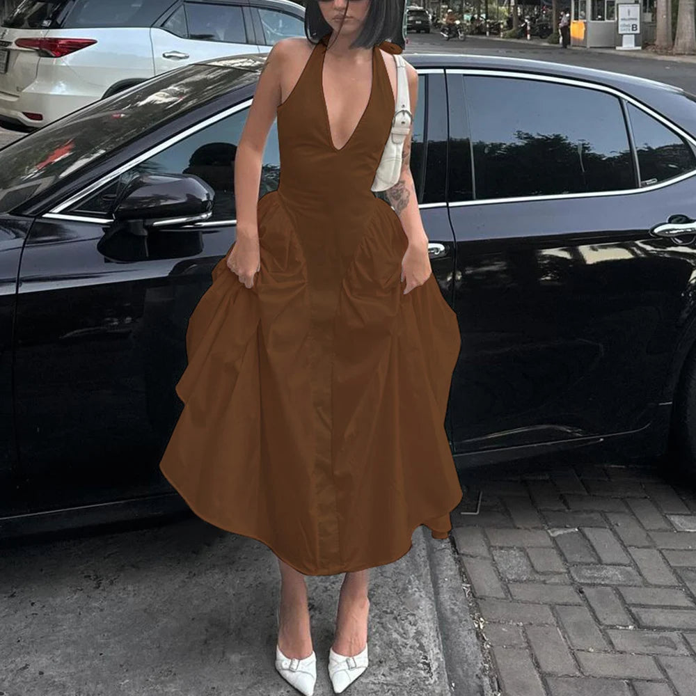 Talenza Backless Deep V Spliced Long Dress Summer Women's Sexy Party Dress Halter New Fashion Slim White Sleeveless Long Dress