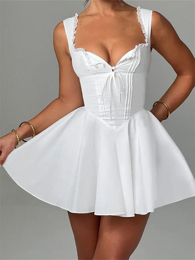 CHRONSTYLE Elegant Women Short Mini A-Line Dress Deep V Neck Backless Ruffles Hem Sleeveless Dress for Party Club Vestidos 2024