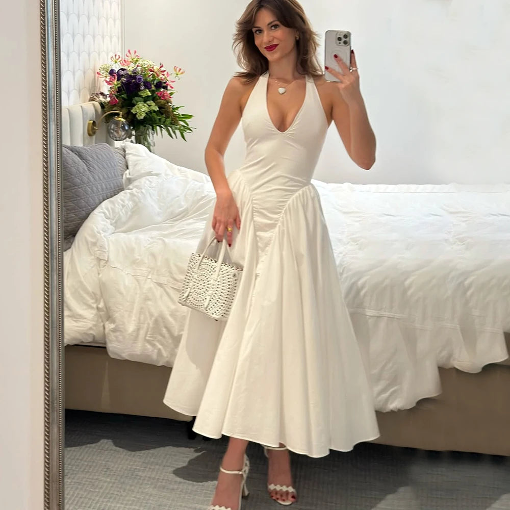 Talenza Backless Deep V Spliced Long Dress Summer Women's Sexy Party Dress Halter New Fashion Slim White Sleeveless Long Dress