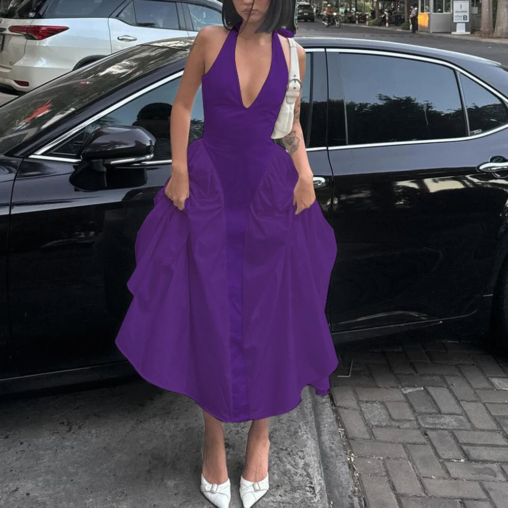 Talenza Backless Deep V Spliced Long Dress Summer Women's Sexy Party Dress Halter New Fashion Slim White Sleeveless Long Dress