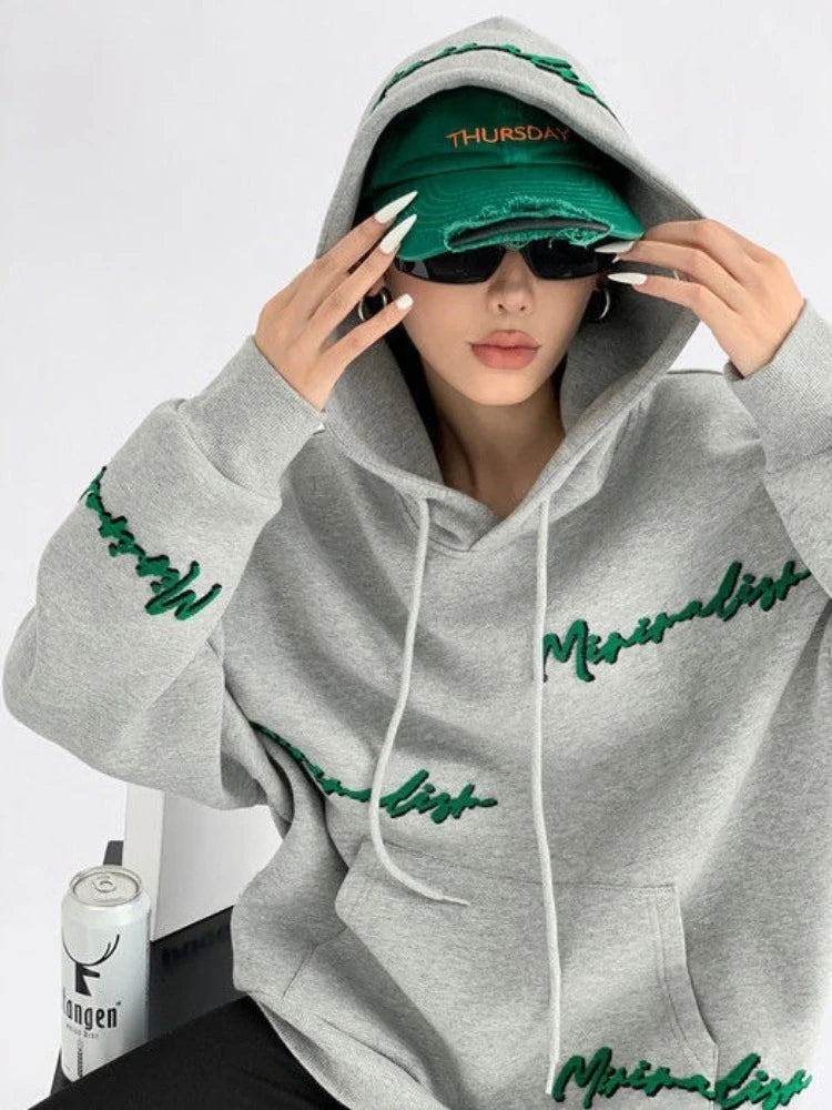 Zekye Woman Hooded Tops Embroidered Y2k Vintage Korean Woman Clothing Y2k Coat Grey Hoodies Woman Sweatshirts Hoodies