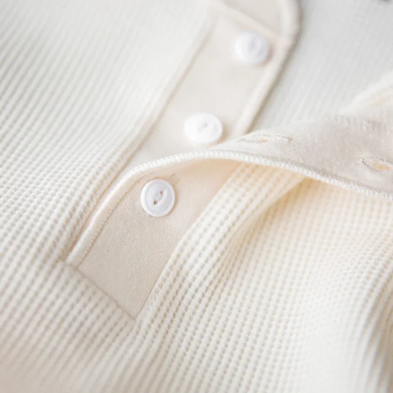 Maden Casual Heavyweight Beige Waffle Henry T-shirt Long-sleeved Pullover for Men's Spring Versatile T-shirts Basic Inner Layers