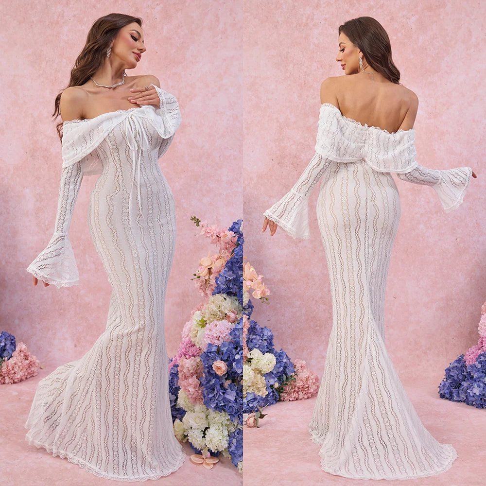 Suninheart White Off The Shoulder Autumn Bodycon Dress 2025 Long Sleeve Elegant Lace Maxi Dress Wedding Guest Dress for Women