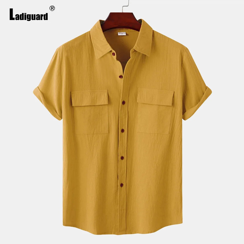 Men Short Sleeve Linen Shirts Clothing 2024 Summer Hot Black Soft Blouse Vintage Basic Overshirt Male Casual Stand Pocket Tops