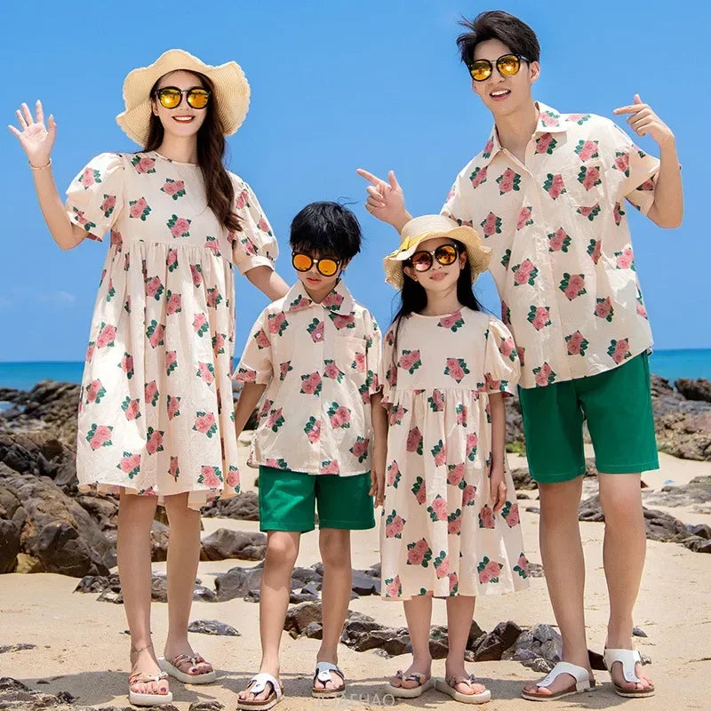 Dress 2025 Woman Look Family Matching  Korean Mom and Daughter Resorts Floral Clothes Dad Son Shirts Outfits Vacation Holiday