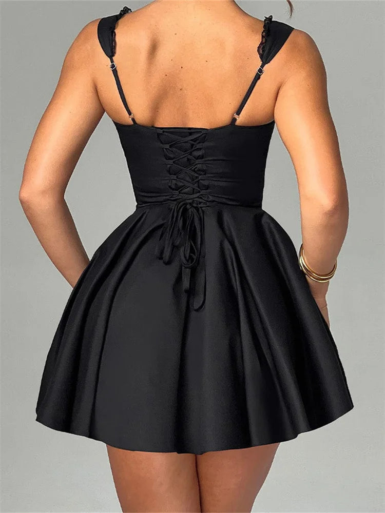 CHRONSTYLE Elegant Women Short Mini A-Line Dress Deep V Neck Backless Ruffles Hem Sleeveless Dress for Party Club Vestidos 2024