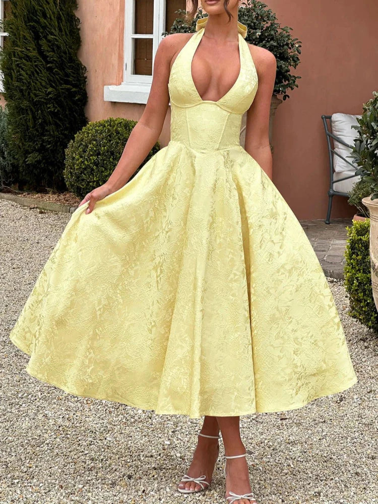 Y2k European and American sexy hot girl deep V slit backless dress, hanging neck sleeveless dress, floral pattern tied rope