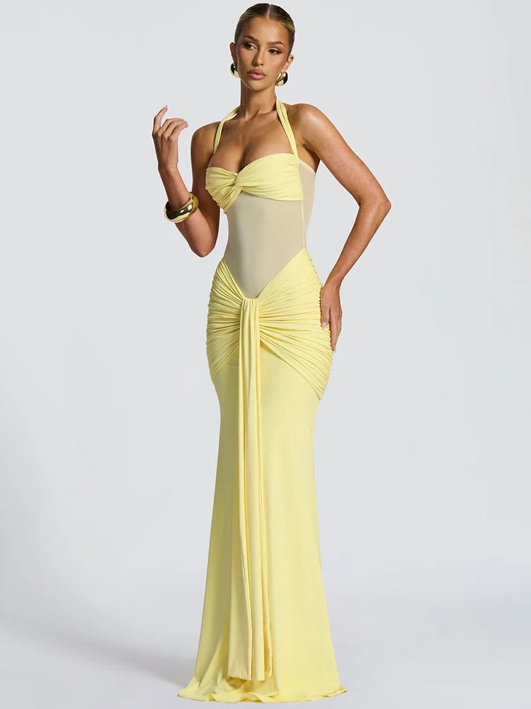 Mozision Halter Backless Sexy Maxi Dress Women Fashion Patchwork Off-shoulder Sleeveless Ruched Draped Bodycon Club Party Dress