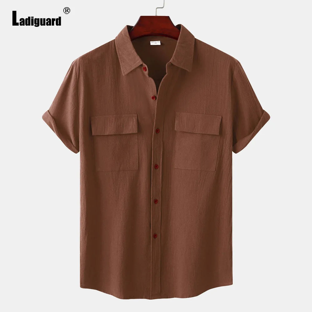 Men Short Sleeve Linen Shirts Clothing 2024 Summer Hot Black Soft Blouse Vintage Basic Overshirt Male Casual Stand Pocket Tops