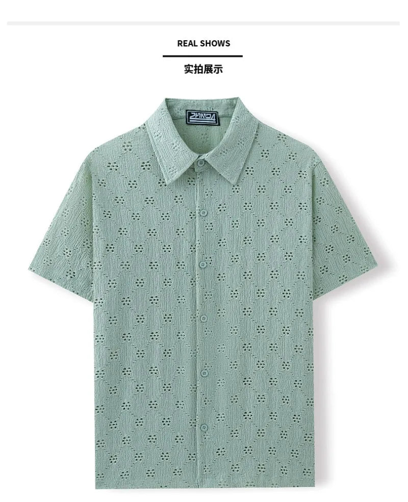 High-quality Men's Hollowed-out Shirts, Short-sleeved Business Casual Shirts for Summer 2025 Light Luxury Workplace Mens Tops