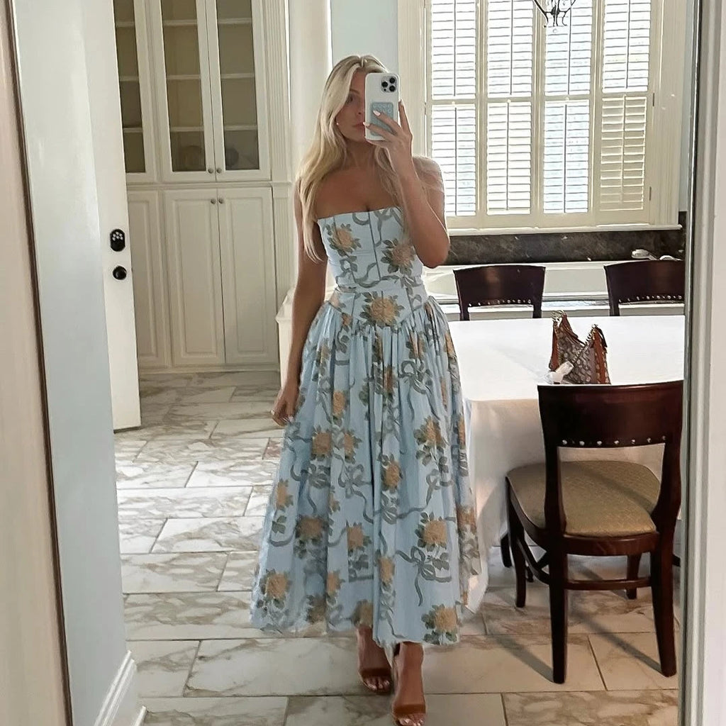 Oligai Floral Print Midi Sundress Elegant Spaghetti Strap Flowy Dress Aussie Summer Women Boho Chic Beach Dress