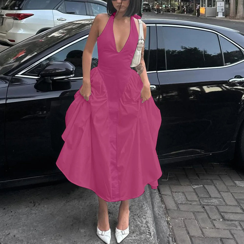 Talenza Backless Deep V Spliced Long Dress Summer Women's Sexy Party Dress Halter New Fashion Slim White Sleeveless Long Dress