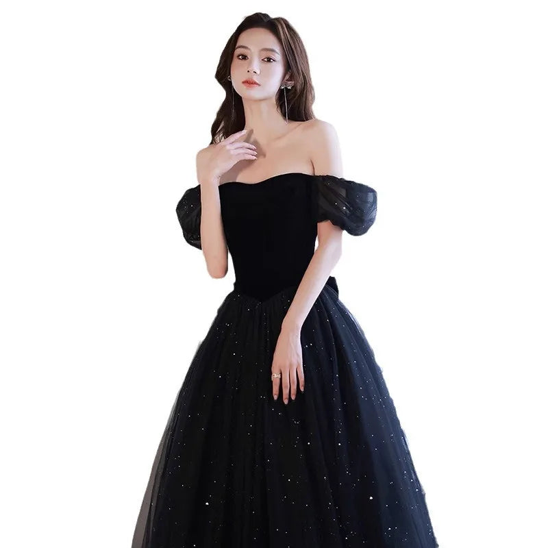 Black Elegant Evening Dress, Annual Meeting, High End Atmosphere, Banquet Host, High Sense, Female Adult Ceremony, Strap Dress