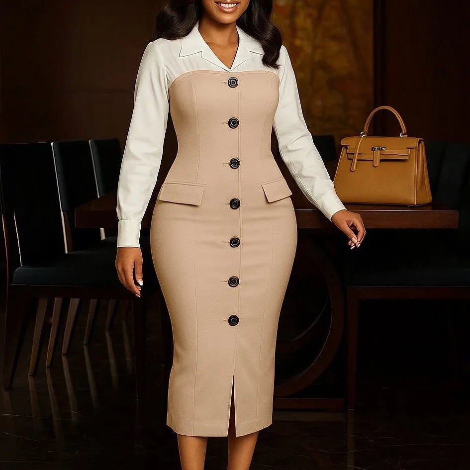 Elegant Bodycon Dresses for Women Turn Down Collar Full Sleeve Buttons Sheath Solid Mid Calf Professional Business Work Dress OL