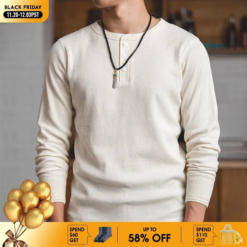 Maden Casual Heavyweight Beige Waffle Henry T-shirt Long-sleeved Pullover for Men's Spring Versatile T-shirts Basic Inner Layers