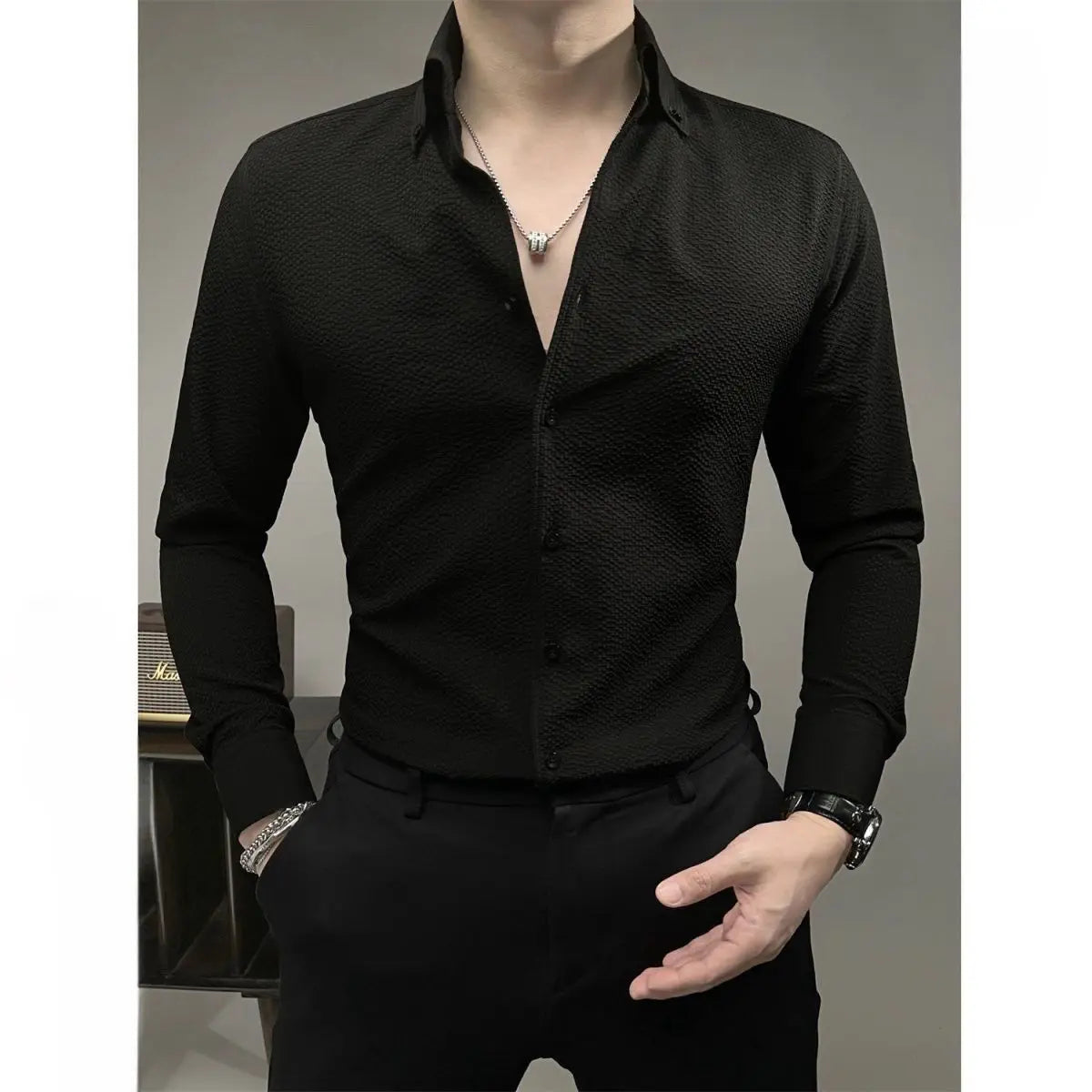 New Men's High-end Light Luxury Long Sleeved Shirt Fashionable Business Casual Versatile Handsome Shirt Trend